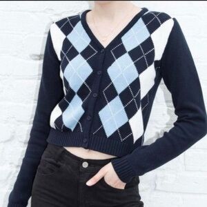 Brandi Melville Argyle Patterned Navy Blue Sweater